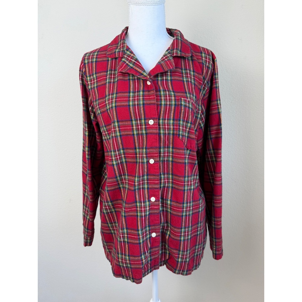 L.L. Bean Women Cotton Flannel Top M Red Plaid Button Down Shirt Dark Academia